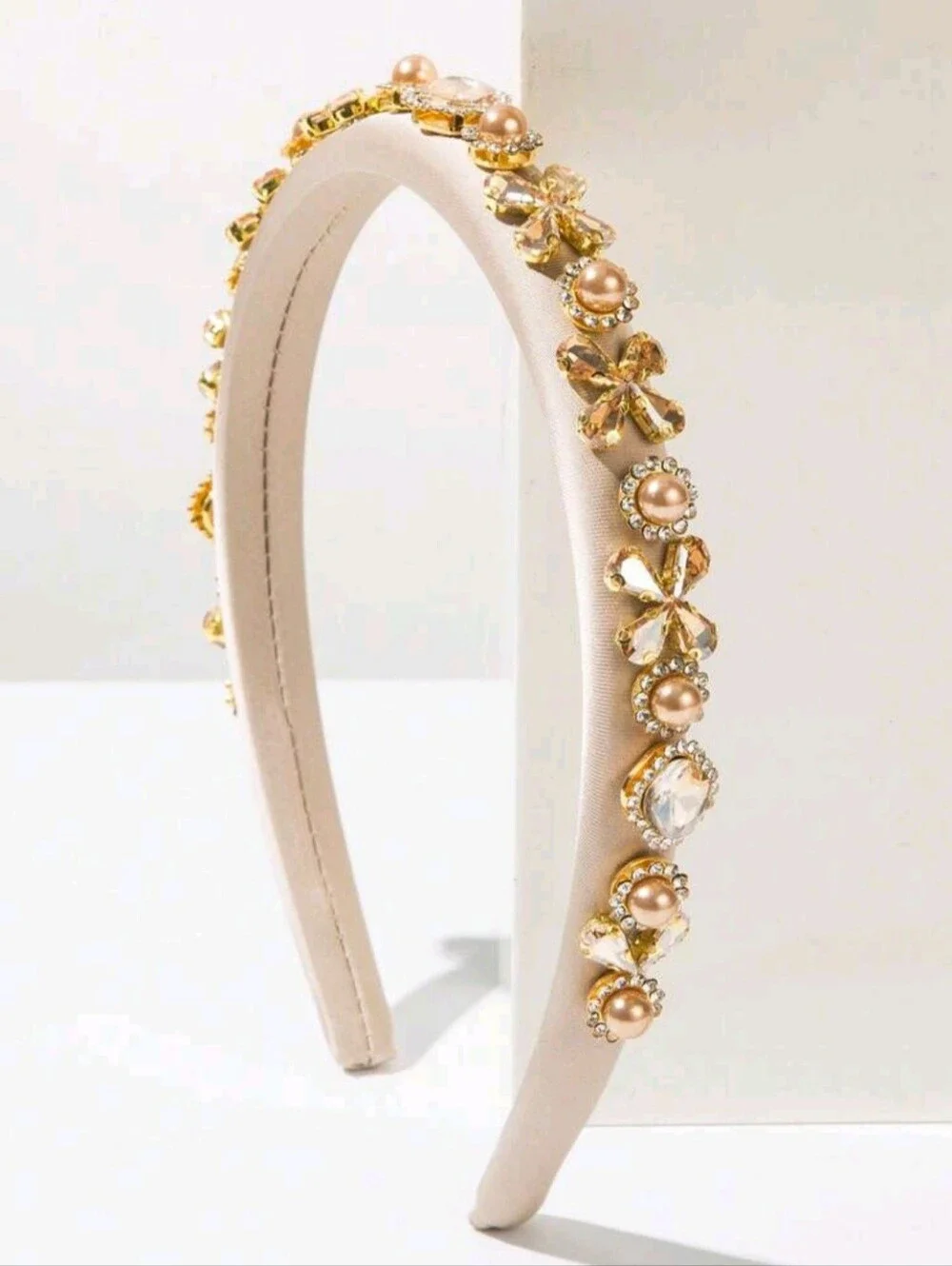Elegant Pearl & Crystal Embellished Champagne Headband